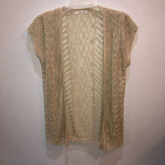 Maurice Womens Size 1 1X Beige Tan Knit Short Sleeve Open Front Sweater Cardigan - Picture 3 of 9